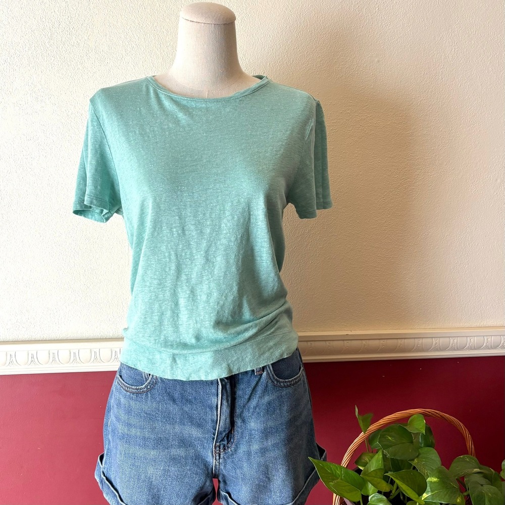 Eileen Fisher Organic Linen Crew Neck Top Seafoam Green XS Pastel Minimalist Tee